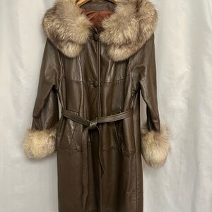 Vintage Leather Midi Coat With Fur Collar and Cuffs